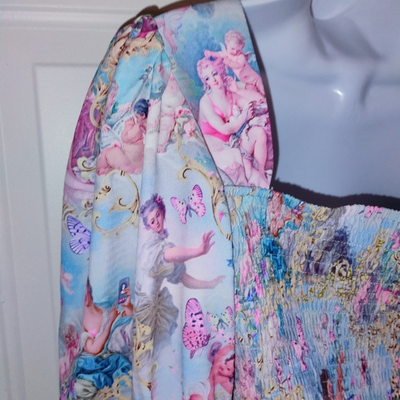 Sugar Thrillz Divine Lush Opulence Puff Sleeve Blouse Renaissance Print Crop Top - Picture 5 of 7